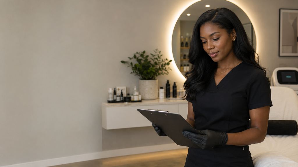 Aesthetic medical provider reviewing notes on a clipboard in a modern clinical studio