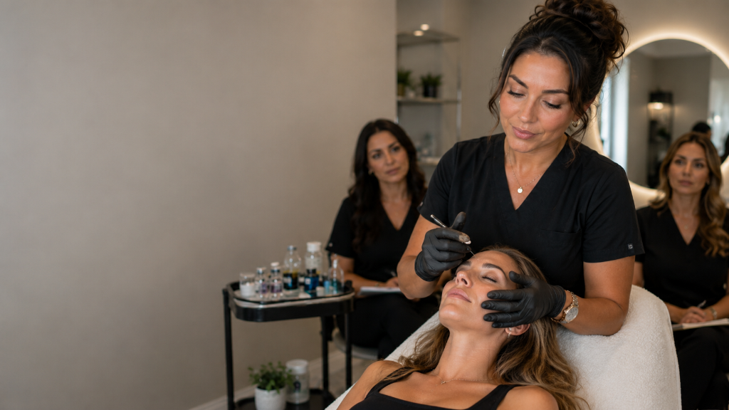 Aesthetic medical provider performing a facial treatment observed by team members in a clinical studio