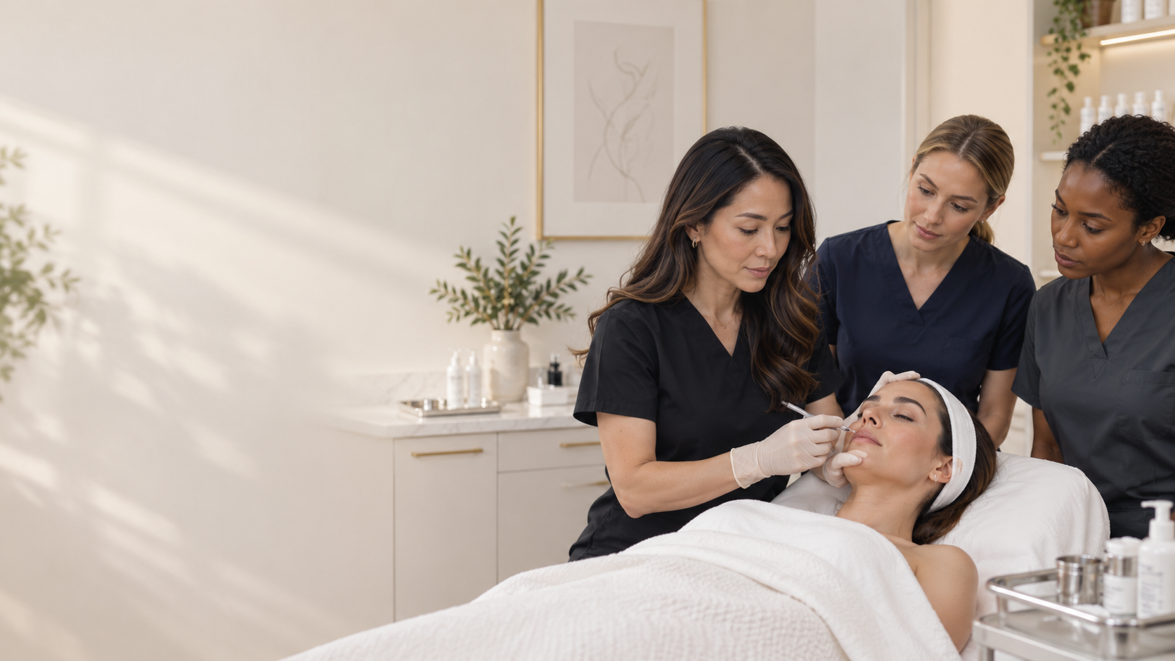 Instructor performing a cosmetic injection on a patient while trainees observe during a hands-on aesthetic training session