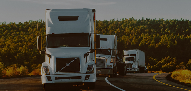 White semi-truck fleet on the road at golden hour