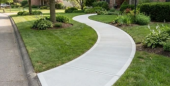 Finished concrete sidewalk with clean joints and edging through a residential yard