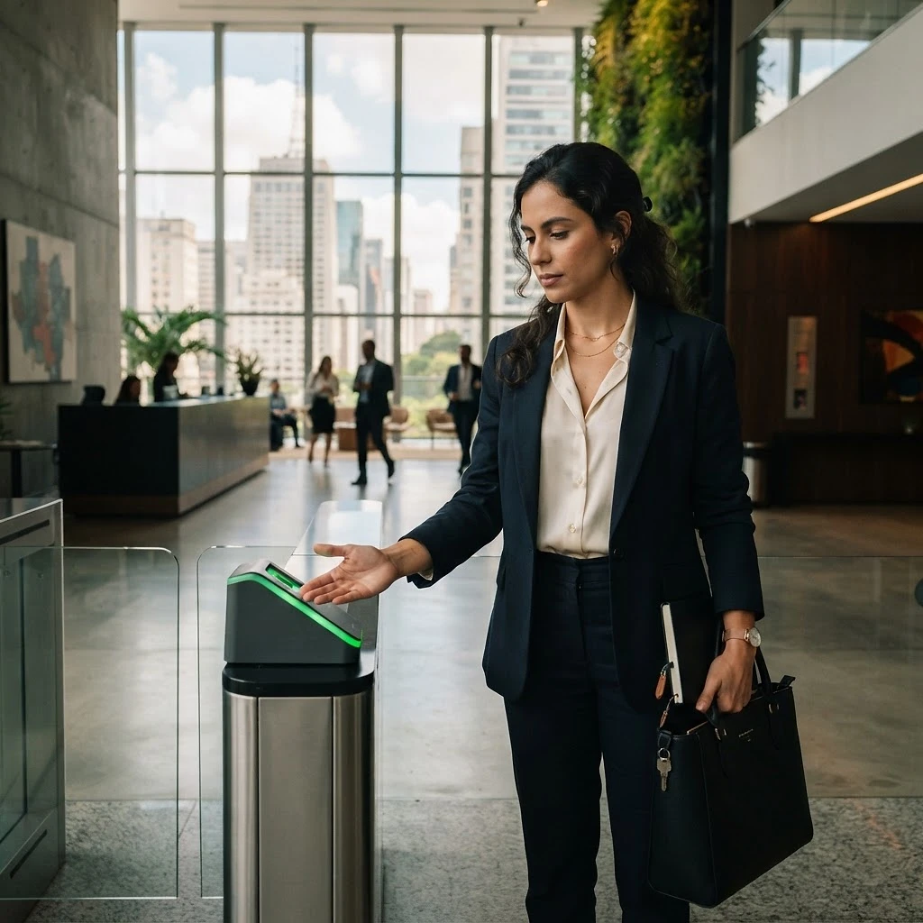 Profissional liberando catraca do lobby corporativo com a palma da mão