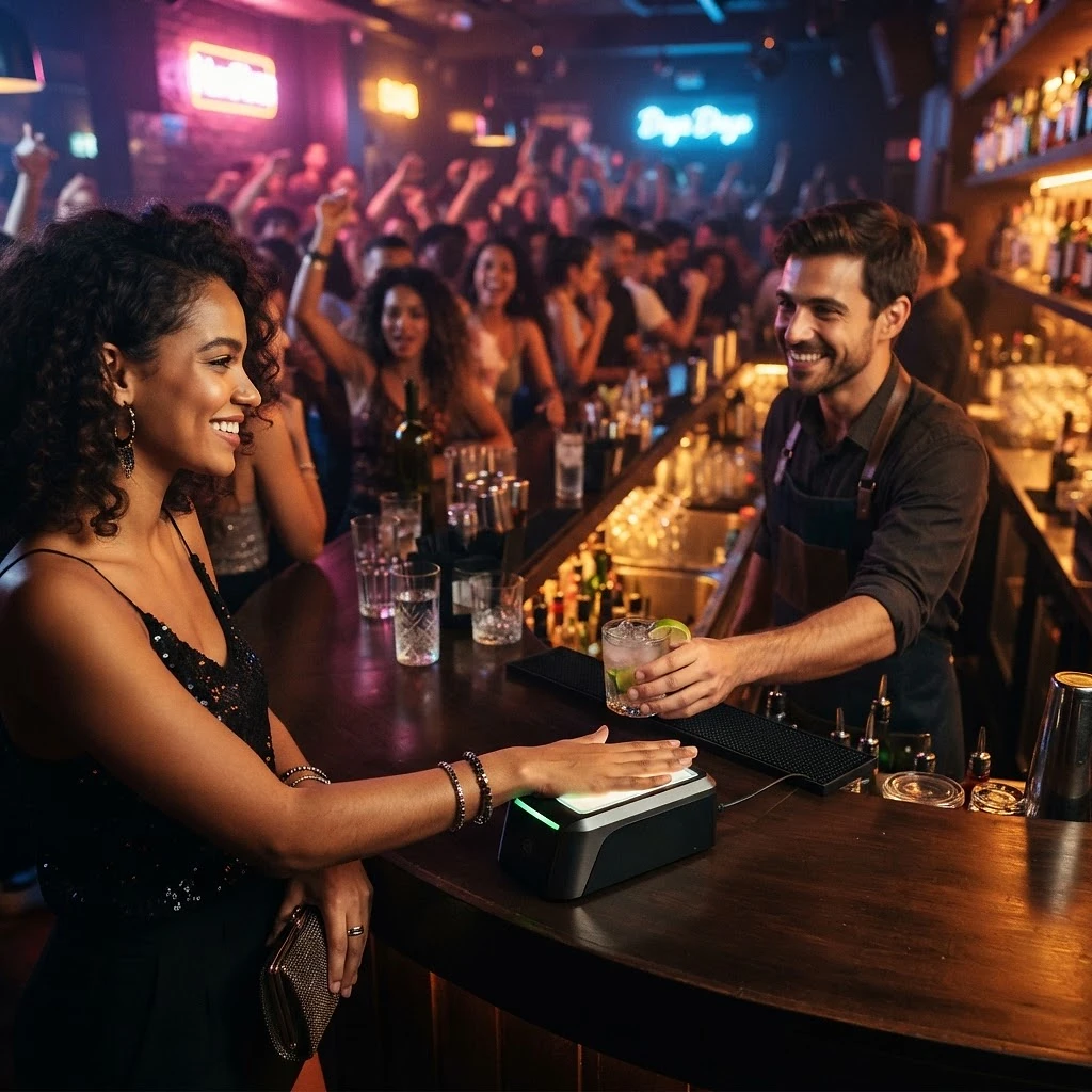 Cliente pagando o drink pela palma da mão no balcão da casa noturna