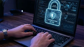 Hands typing on a laptop with a digital padlock icon over the screen, tokenization