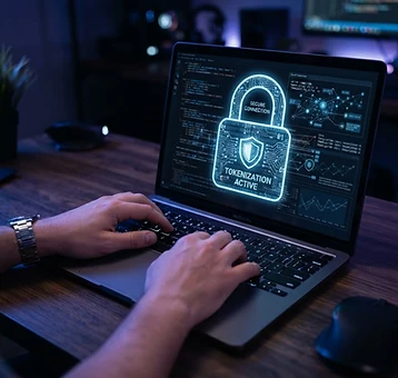 Mãos digitando em notebook com ícone de cadeado digital sobre a tela, tokenização