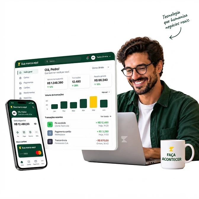 Operação financeira BaaS Treeal com a sua marca: dashboard web, app mobile e conciliação