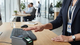 Hand over a palm vein reader in a corporate office, compliance