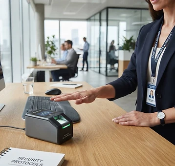 Mão sobre leitor de veias da palma em escritório corporativo, compliance
