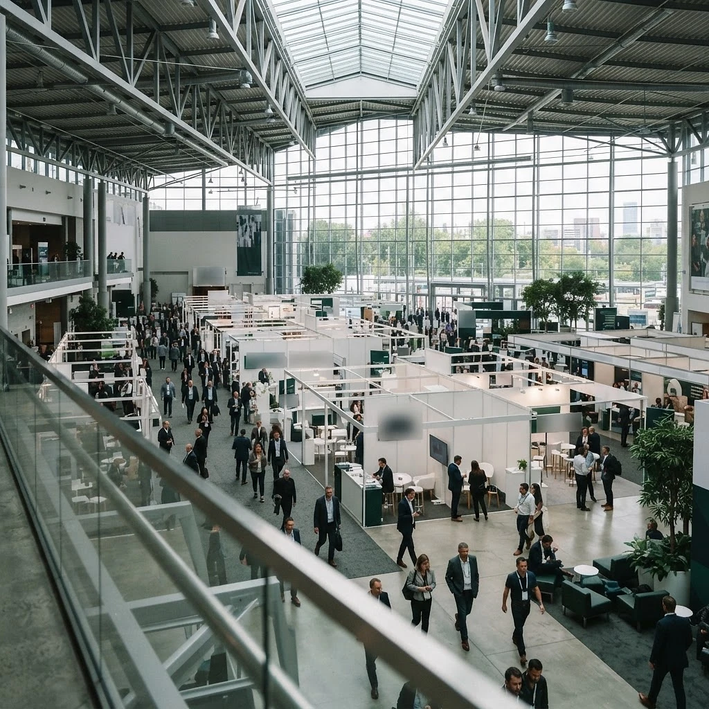 Vista ampla do pavilhão de uma feira de negócios com visitantes circulando pelos corredores