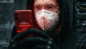 Pessoa usando máscara branca com malha de digitalização facial vermelha, ilustrando falsificação de biometria facial
