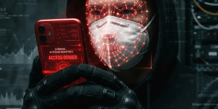 Person wearing a white mask with a red facial scanning mesh, illustrating facial biometric spoofing