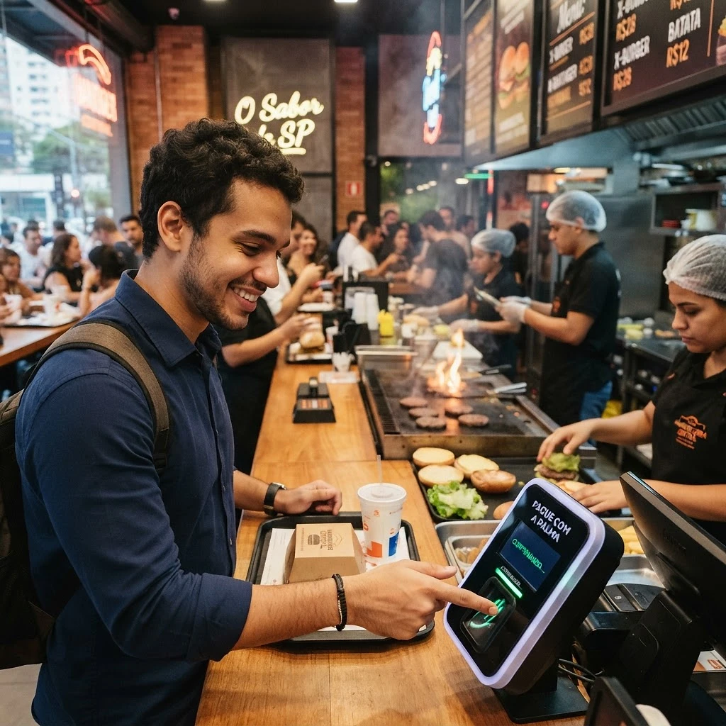 Cliente pagando pela palma da mão em lanchonete de fast food