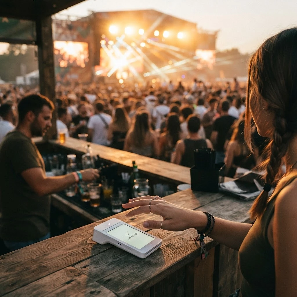 Mão aproximando do leitor no balcão do bar de um festival ao pôr do sol, com o palco ao fundo