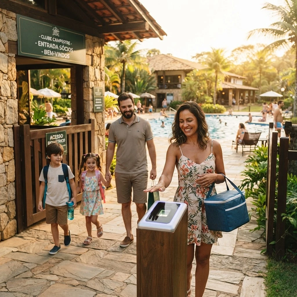 Família de sócios entrando no clube com a palma da mão