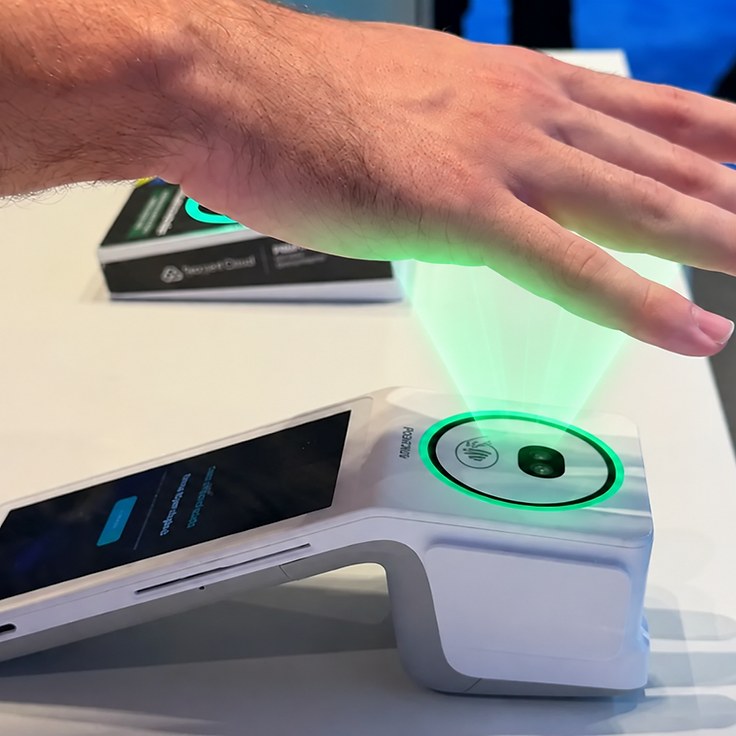 Sensor biométrico PalmBio lendo a palma da mão