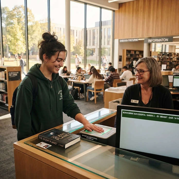 Aluno universitário retirando livro na biblioteca com a palma da mão