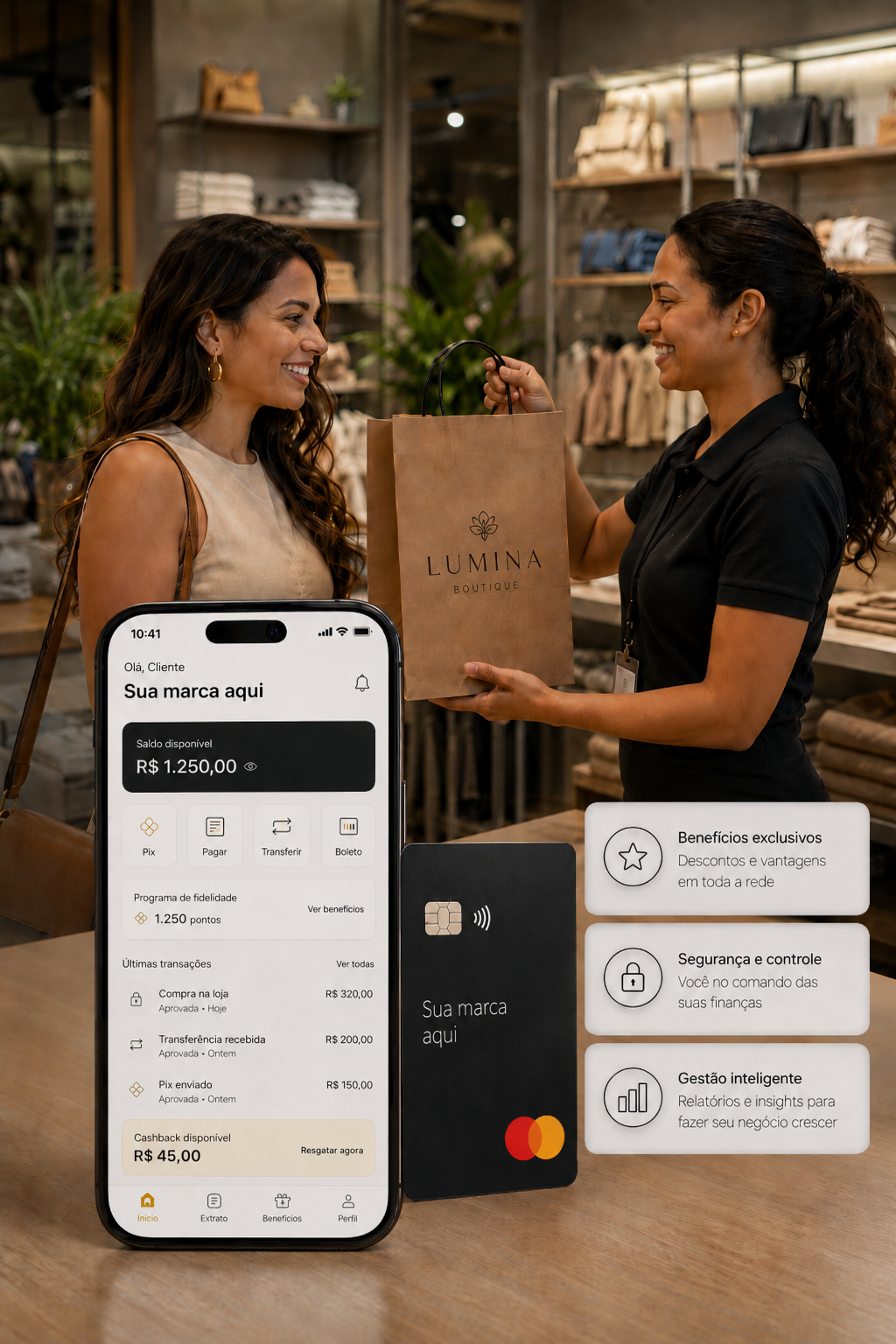 Aplicativo de fidelidade, cartão com a marca e cashback aplicados ao varejo no BaaS da Treeal
