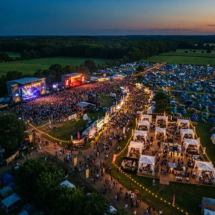 Vista aérea do terreno de um festival com palcos, bares, área VIP e camping