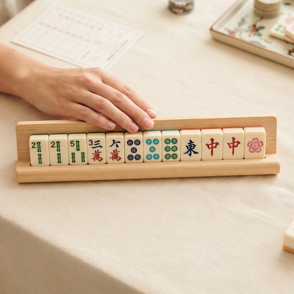 A sorted hand of 13 modern mahjong tiles on a rack, grouped by suit