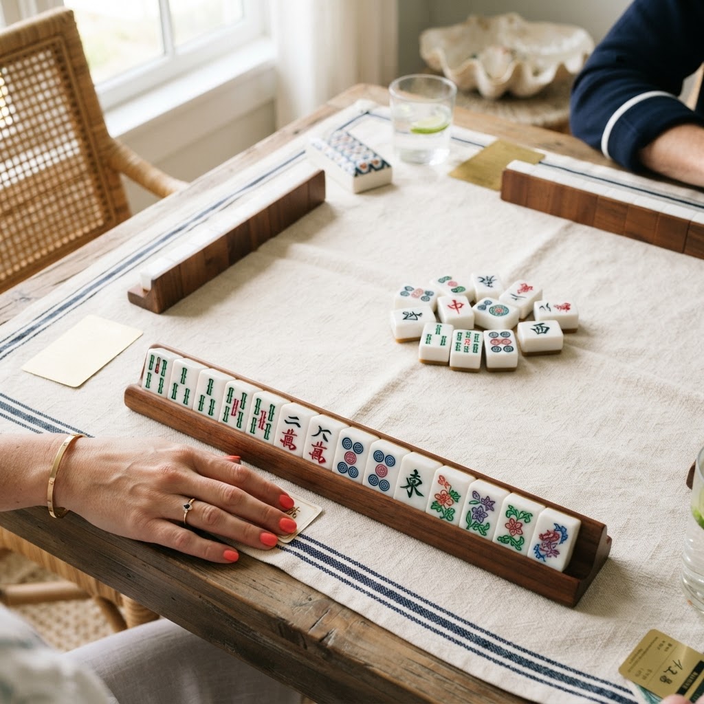 Mahjong game in progress — a hand considers its next discard