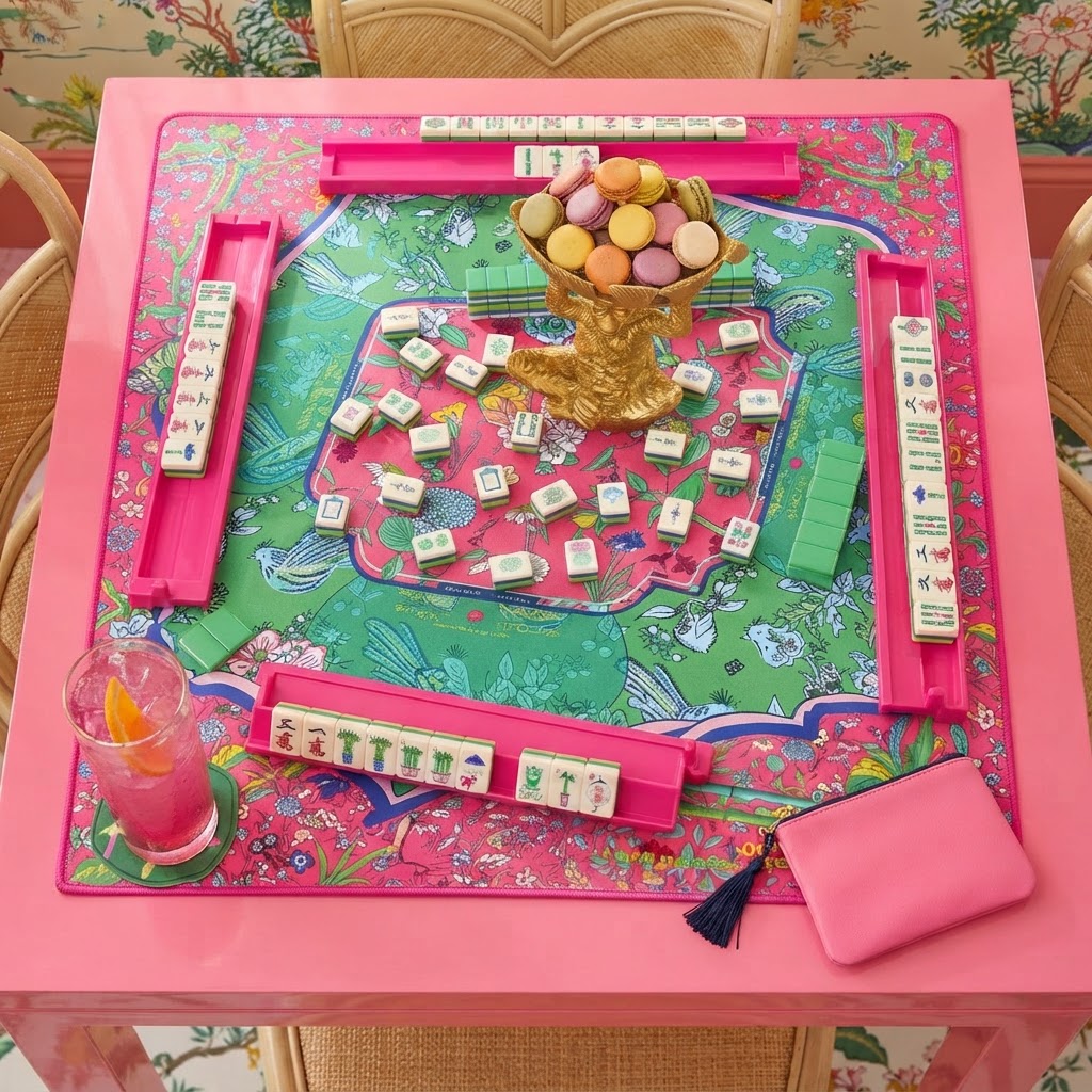 A beautiful modern Mahjong table setup with pastel tiles