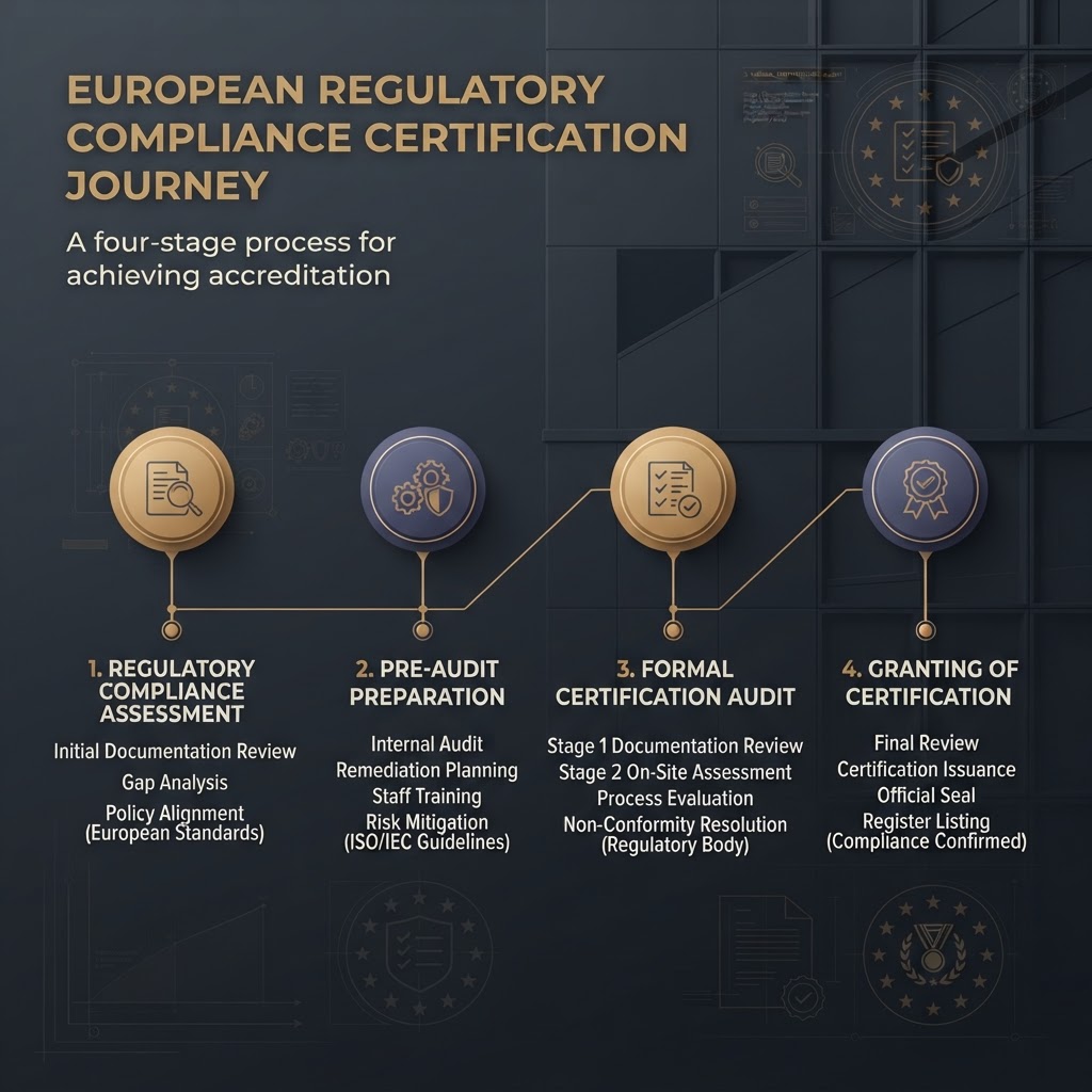 LegitScript certification timeline showing the four-stage compliance process