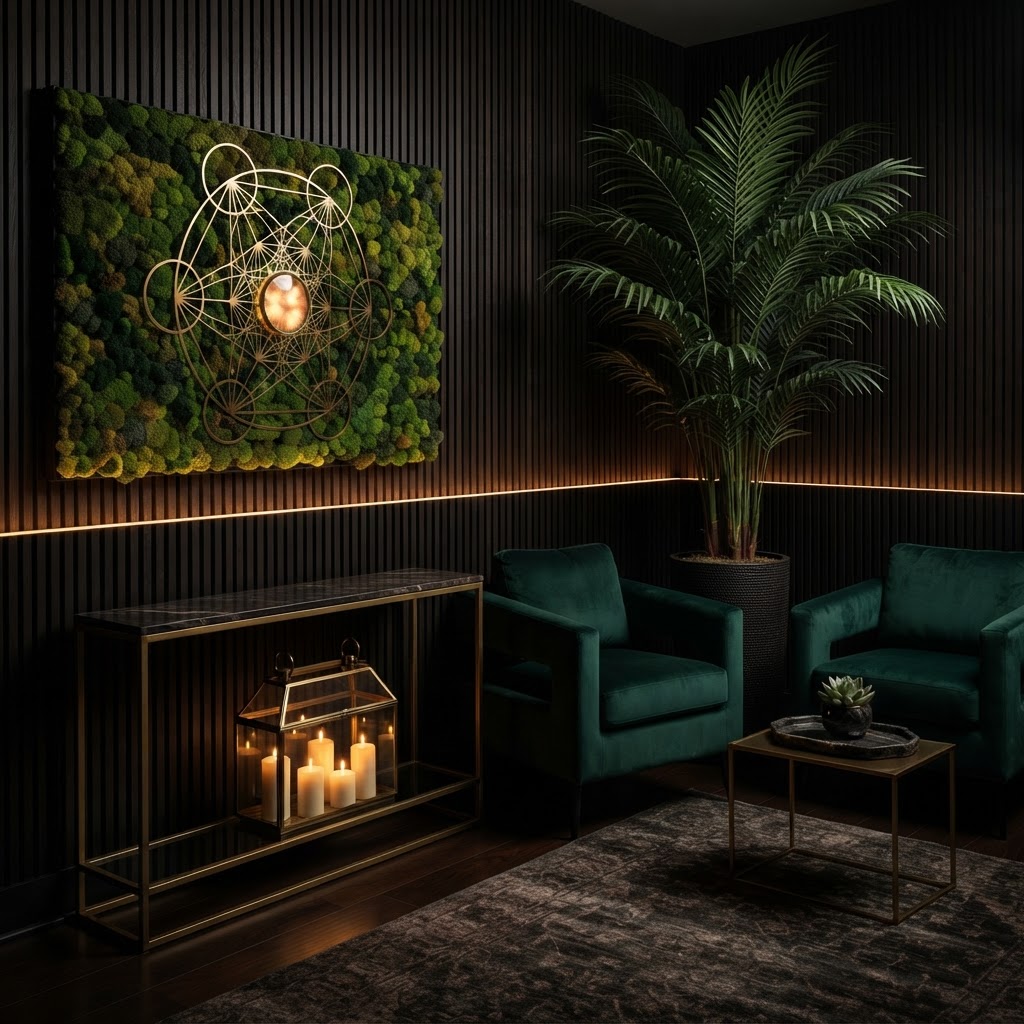 Luxurious boutique peptide clinic lounge with dark wood slats, emerald velvet seating, brass accents, and warm amber glow