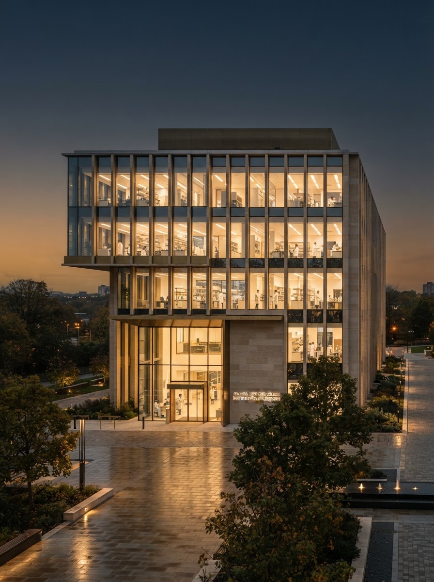 Architectural rendering of advanced European telehealth compliance centre, minimal design