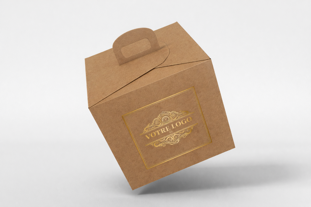 Écrin pâtisserie kraft avec dorure à chaud et logo personnalisé