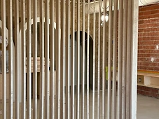Wood slat wall detail, close-up