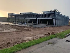 Steel frame shell exterior, dusk