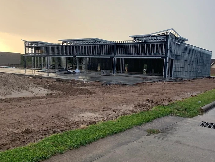 Steel frame shell exterior, dusk