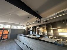 Bar shelving and counter, wide view