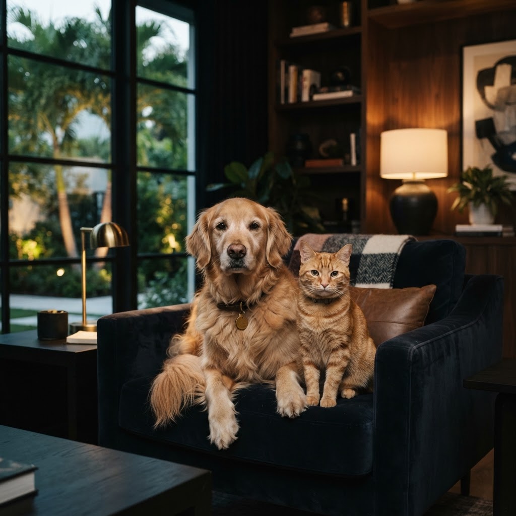 A golden retriever and an orange tabby cat together in a stylish home