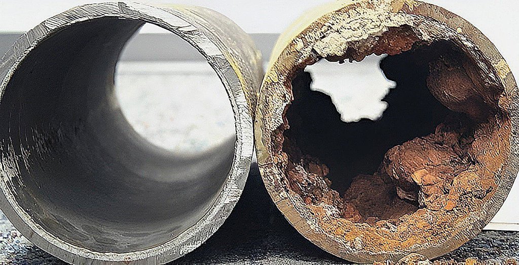 Before and after pipe descaling comparison: clean pipe interior vs. heavily scaled and corroded pipe cross-section.