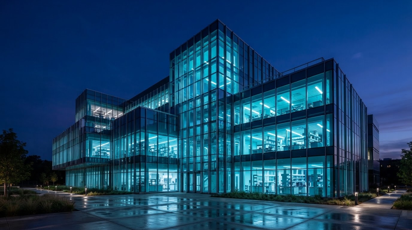 Modern glass and steel biotech laboratory building at blue hour
