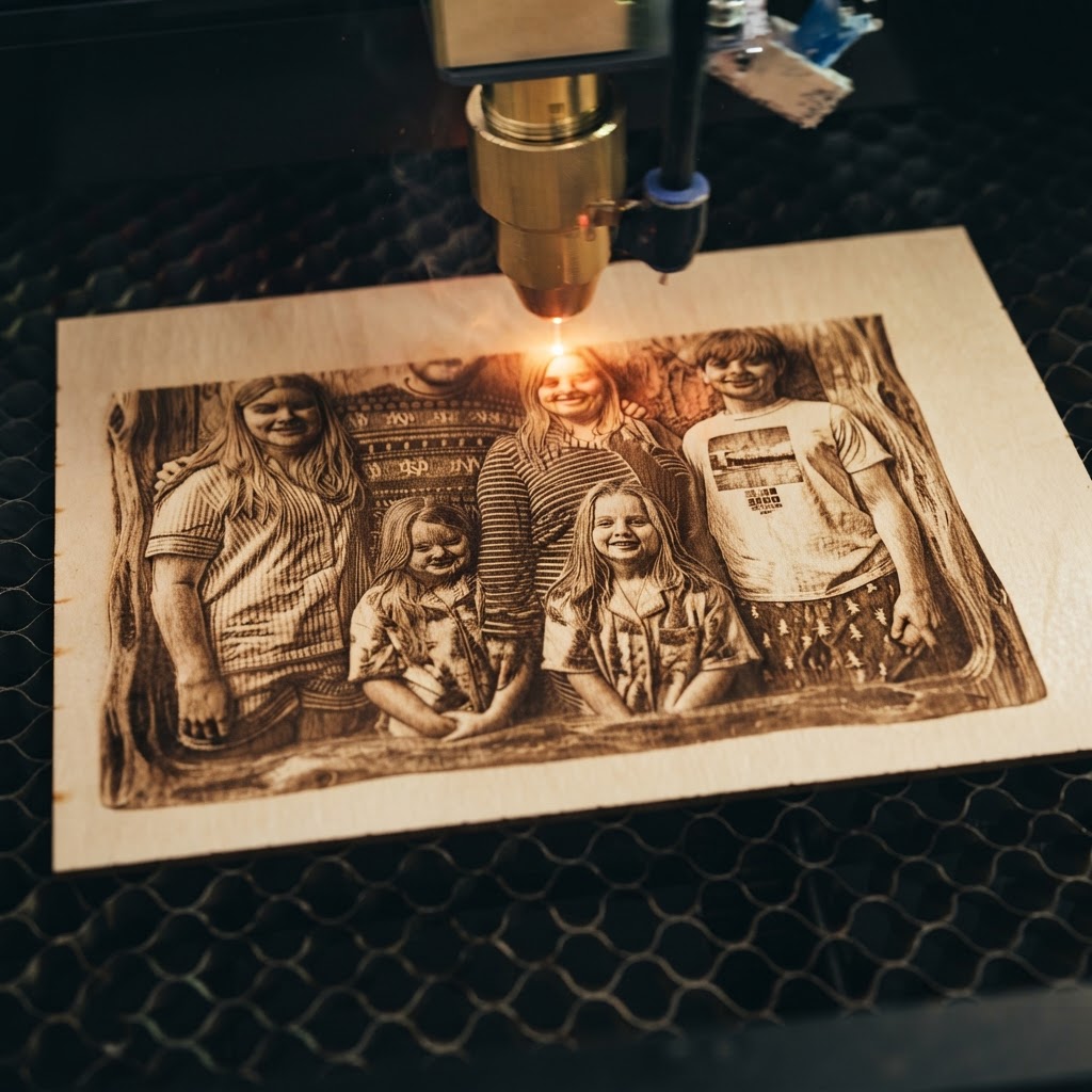A laser engraving a detailed family portrait into pale basswood, with the laser nozzle casting a warm glow