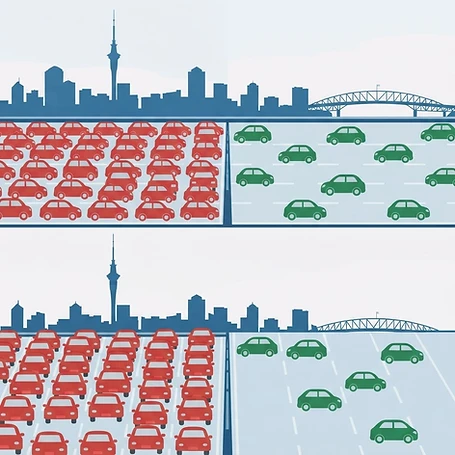 Infographic: a congested motorway with a dense red queue of cars beside a staggered, evenly spaced green flow, in front of the Auckland skyline with the Sky Tower and Harbour Bridge