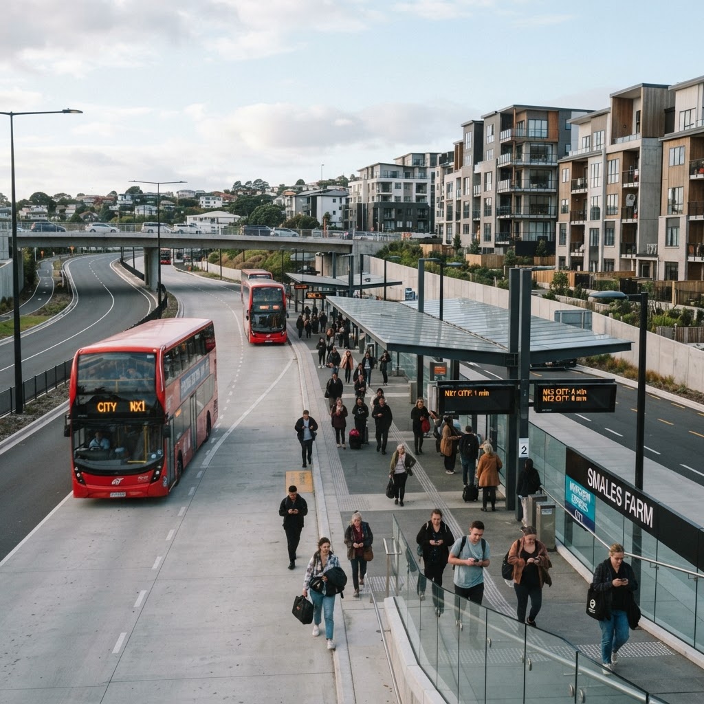 A frequent busway station with intensification housing, Auckland