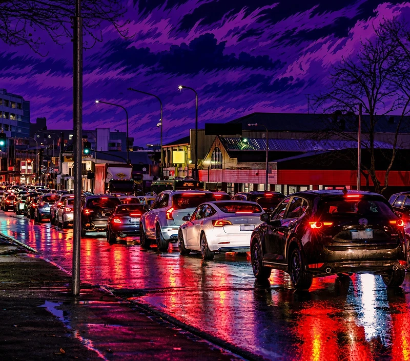 Rain-soaked Auckland arterial at night, jammed with red tail lights beside a bus lane