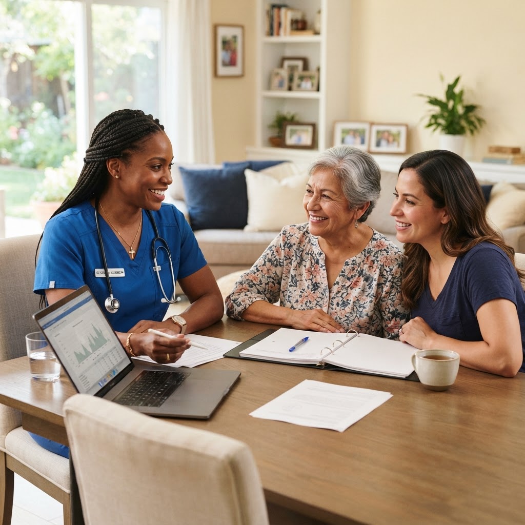 A diverse family consulting with a compassionate care coordinator about elder care planning