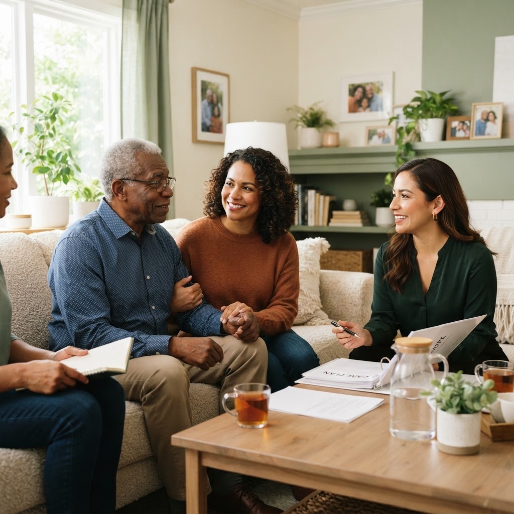A multi-generational diverse family sharing a supportive conversation with their care coordinator