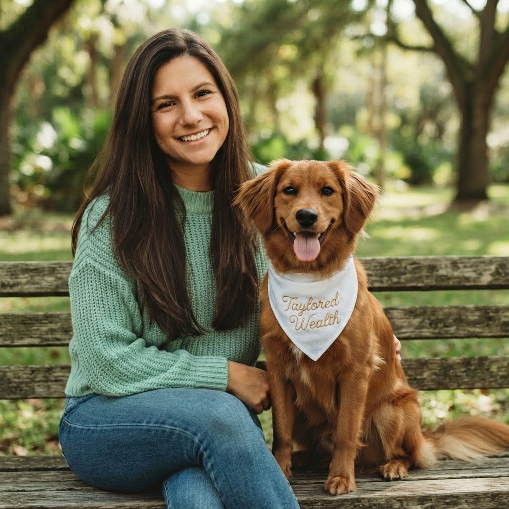 Taylored Wealth founder with her golden retriever, Goldie