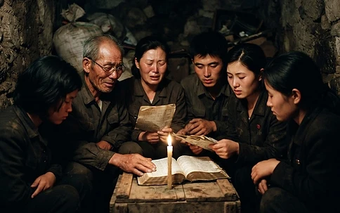 Underground Korean Christians reading the Bible by candlelight