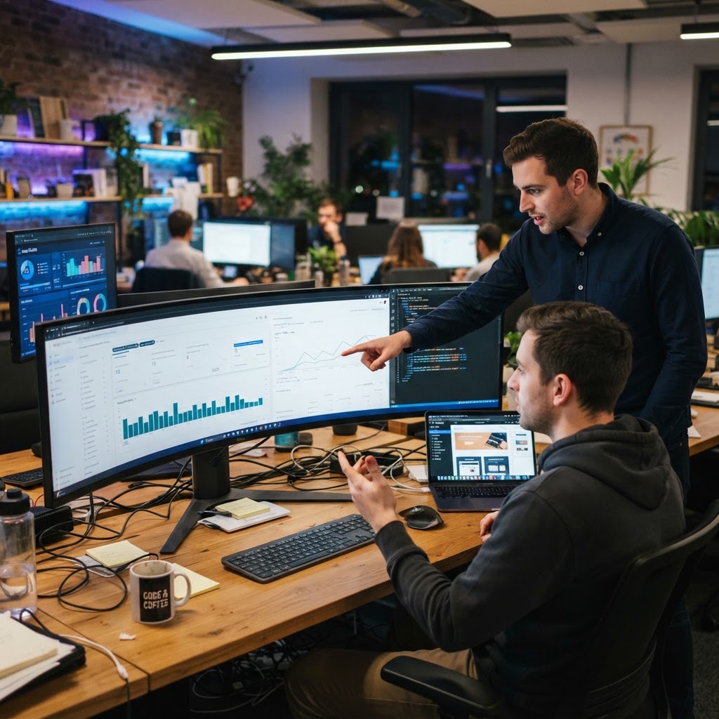 On-Line Advertising team working on SEO and website builds with advanced multi-monitor setup
