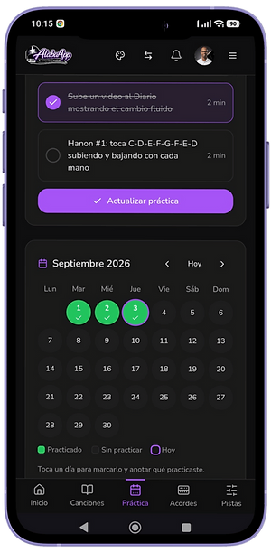 Calendario de práctica en AlabaApp