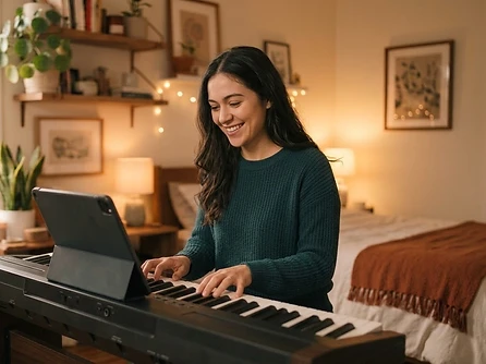 Mujer practicando alabanzas en su piano electrónico con una tablet