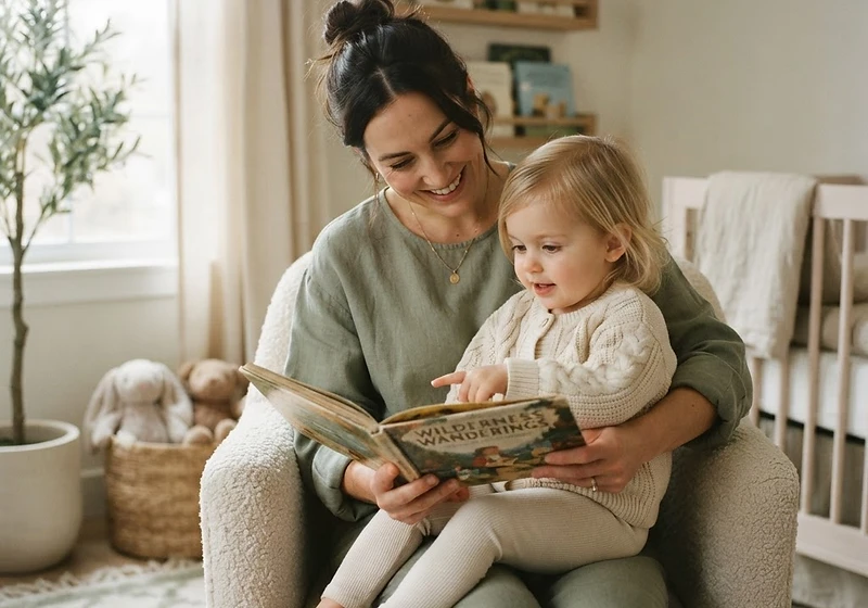 A nanny reading to a child in a calm, sunlit nursery