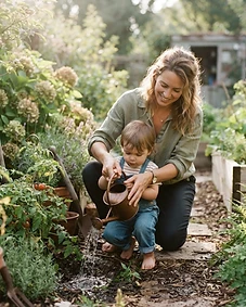 A nanny and child watering plants in a sunlit garden