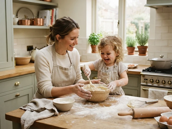 A nanny sifting flour with a child in a bright kitchen